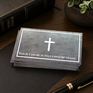 Rugged Gray Metallic Cross Outline Church Pastor Business Card