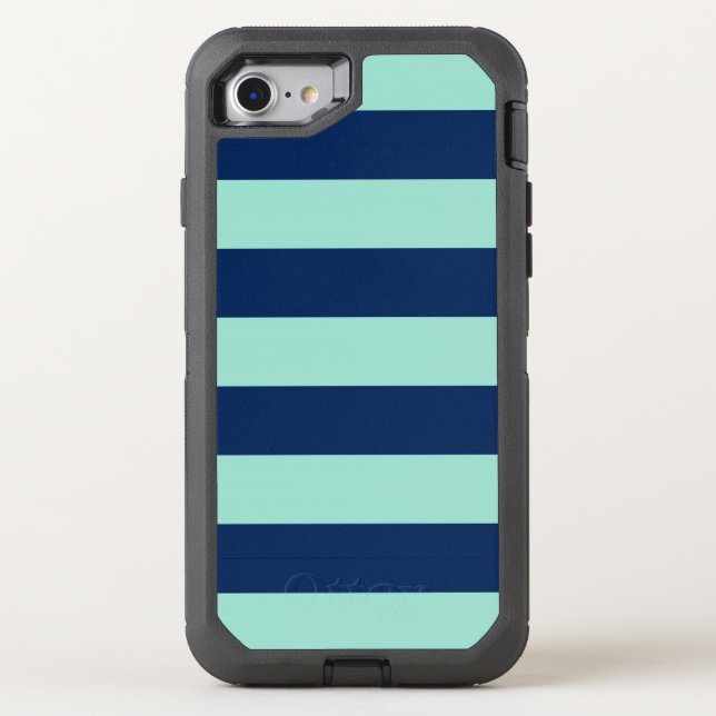Rugged Mint Green and Navy Stripes Otterbox iPhone Case (Back)