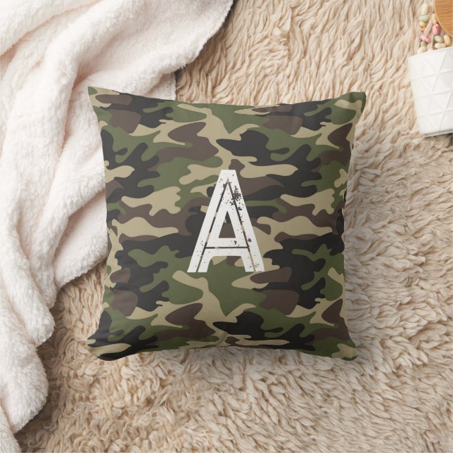 Rugged Monogram Initial Green Brown Camouflage  Throw Pillow (Blanket)