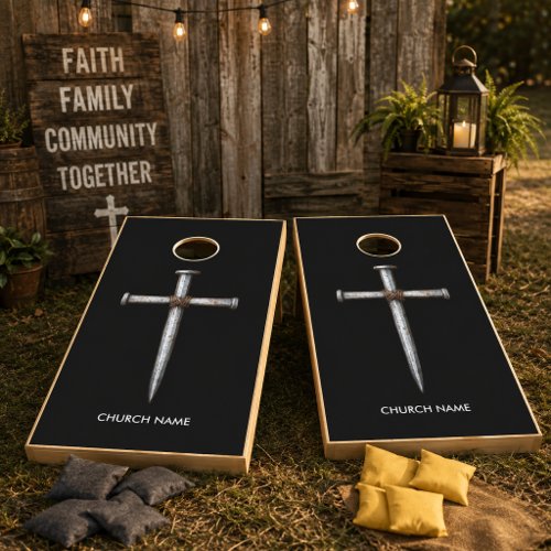Rugged Nails Cross Church Name Cornhole Set