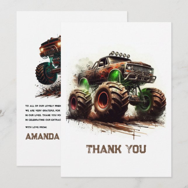Rugged Off-Road Monster Truck Birthday Thank You Card (Front/Back)