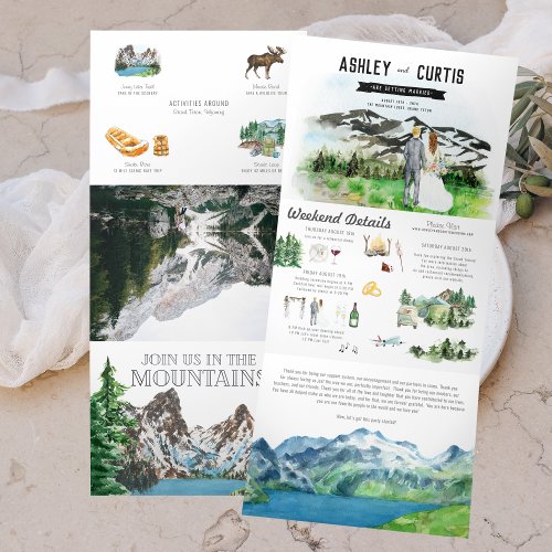 Rugged Snowy Mountain  Illustrated Wedding Tri_Fold Invitation