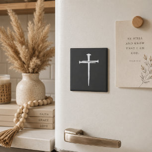 Rugged Three Nails White Cross Christian Magnet