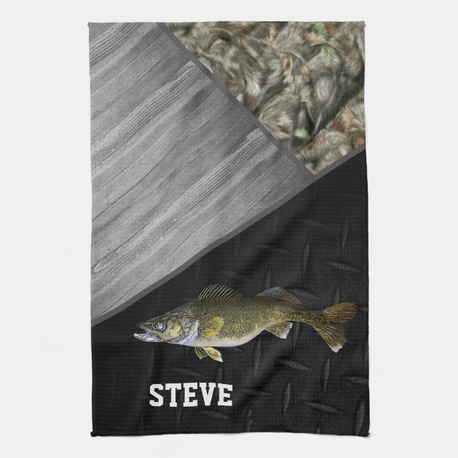 Rugged Walleye Fishing Camo Name Men's Cool Kitchen Towel (Vertical)