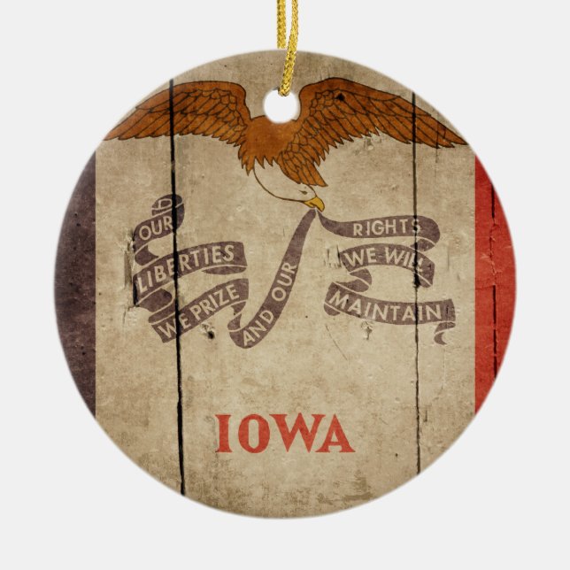 Rugged Wood Iowa Flag Ceramic Ornament (Front)