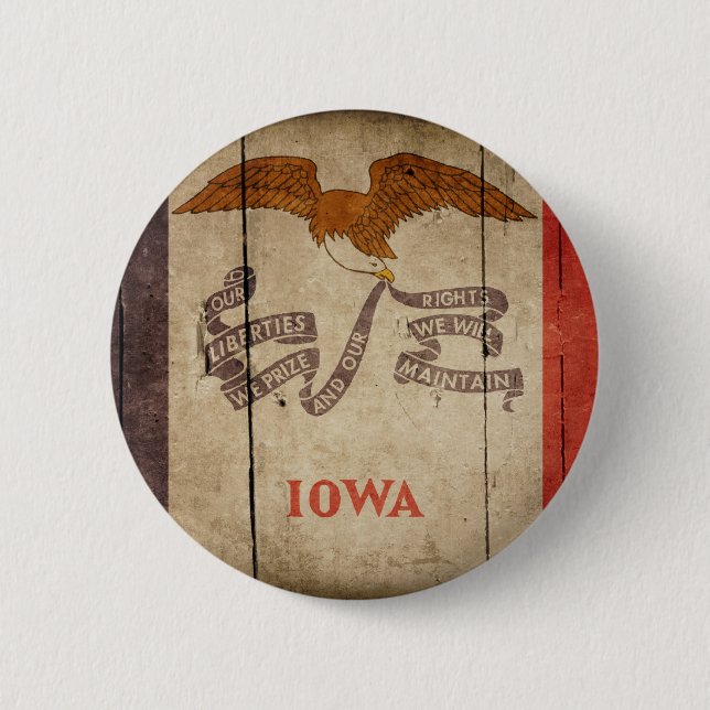 Rugged Wood Iowa Flag Pinback Button (Front)