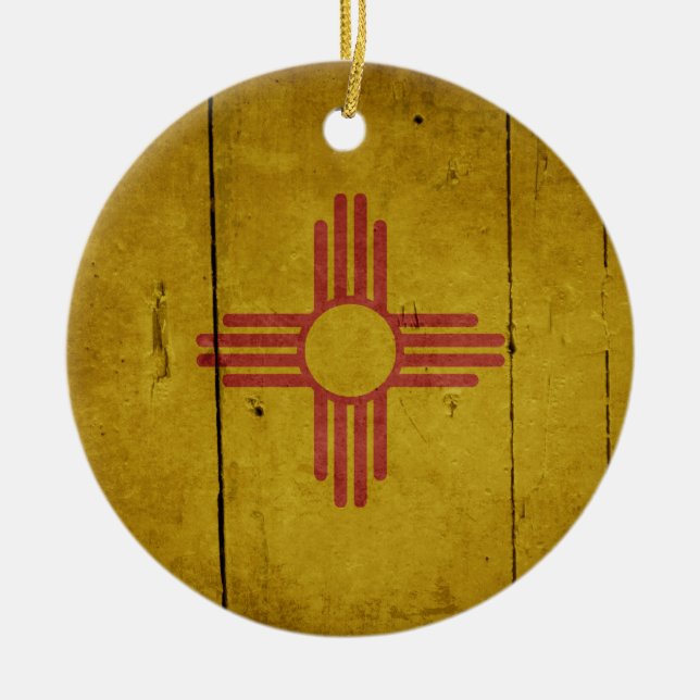 Rugged Wood New Mexico Flag Ceramic Ornament (Front)