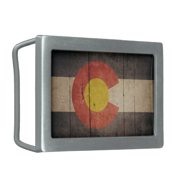 Rugged Wooden Colorado Flag Rectangular Belt Buckle (Front Left)