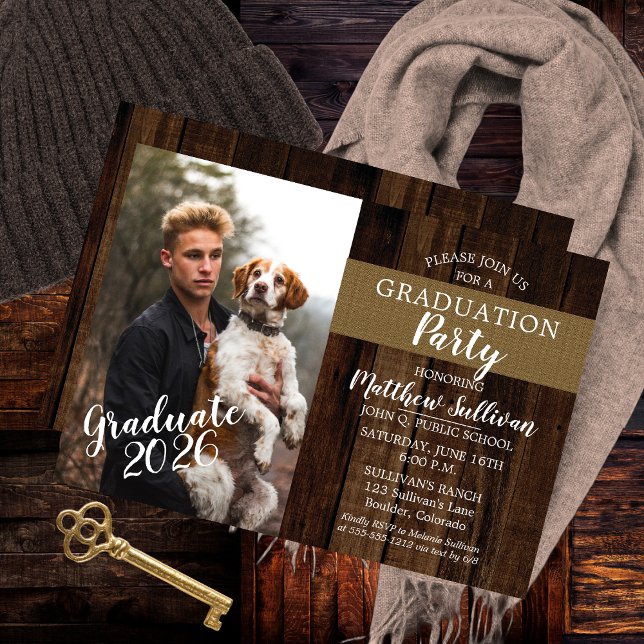 Rugged Woodsy Photo Graduation Party Invitation (Rugged Woodsy Wood Look and Burlap Photo Graduation Party Invitation)