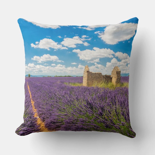 Ruin in Lavender Field, France Throw Pillow (Front)