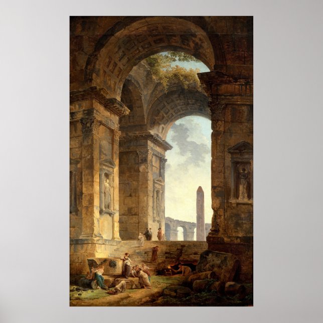 Ruins With An Obelisk by Robert Hubert Poster (Front)