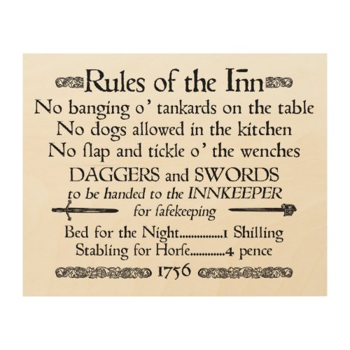 Rules of the Inn 18th Century Innkeeper Sign