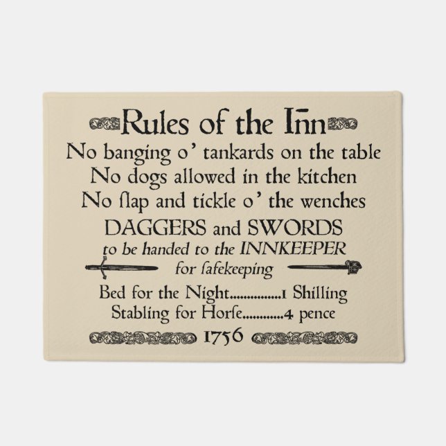 Rules of the Inn, 18th Century Innkeeper Sign Doormat (Front)