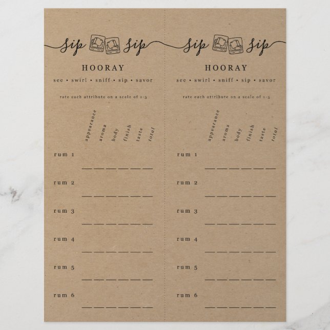 Rum Tasting Rating Scorecard on Faux Kraft Letterhead (Front)