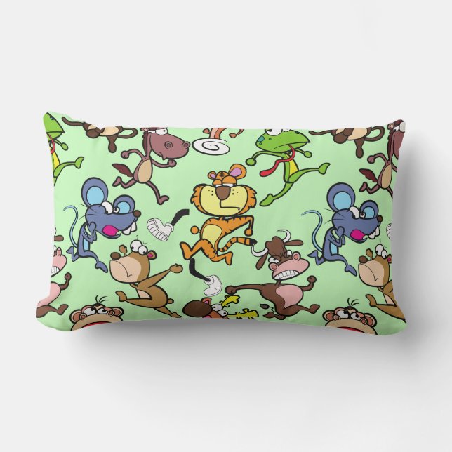 Run 2023, Cute Cartoons running around L Green BG Lumbar Pillow (Front)