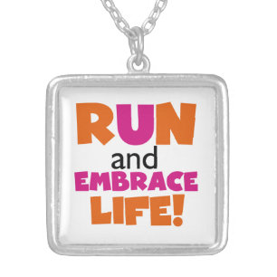 Run and Embrace Life Orange Pink Silver Plated Necklace