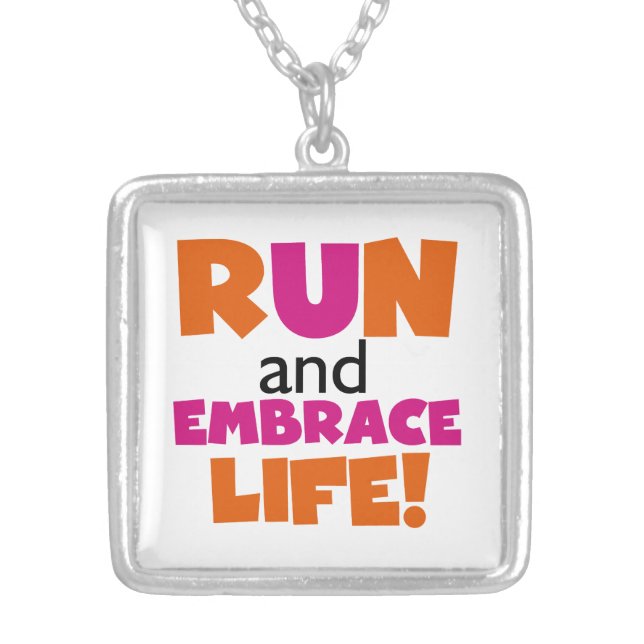 Run and Embrace Life Orange Pink Silver Plated Necklace (Front)