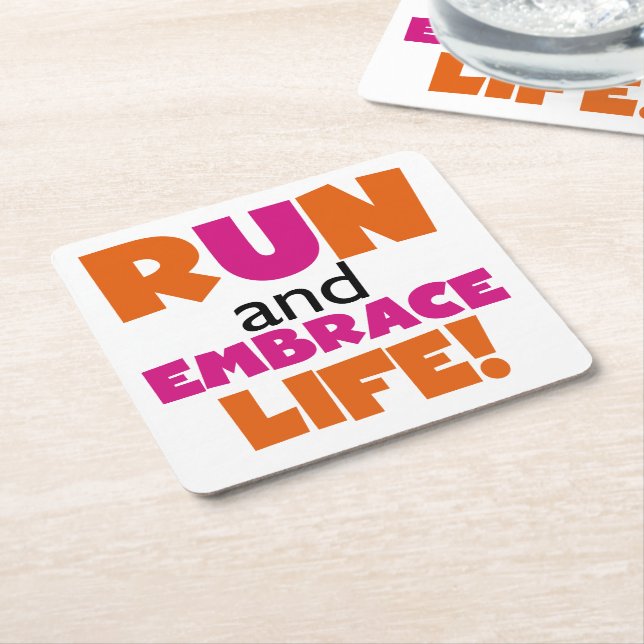 Run and Embrace Life Orange Pink Square Paper Coaster (Angled)