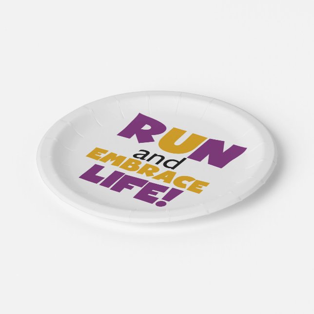 Run Embrace Life Purple Yellow Paper Plates (Angled)