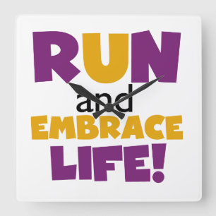 Run Embrace Life Purple Yellow Square Wall Clock