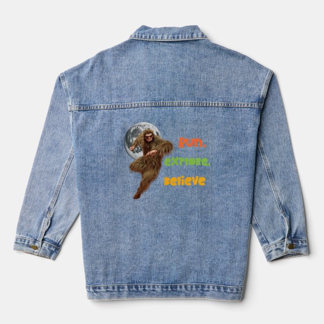 Run, Explore, Believe Funny Bigfoot Denim Jacket (Back)