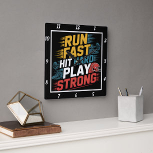 Run Fast Hit Hard Play Square Wall Clock