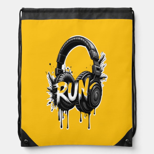 RUN Headphones Street Art Sticker Drawstring Bag (Front)