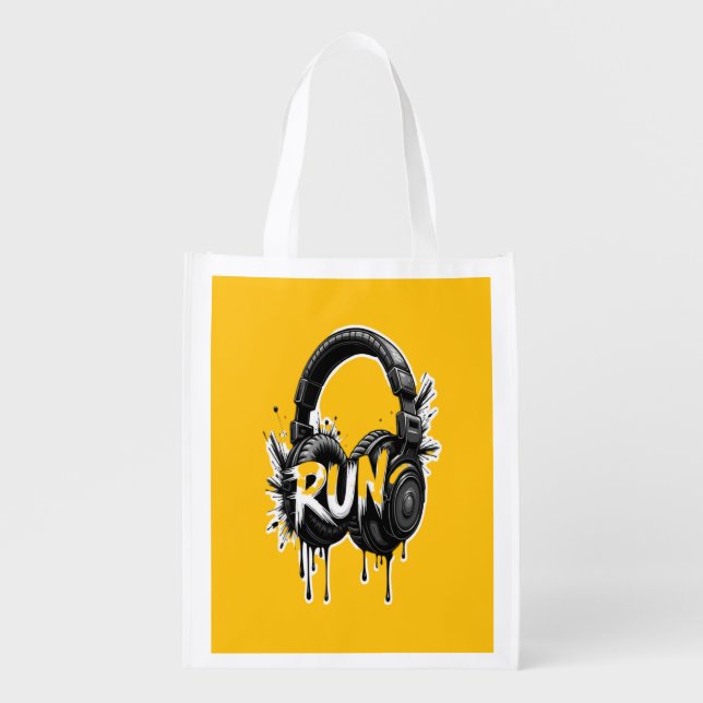 RUN Headphones Street Art Sticker Grocery Bag (Front)