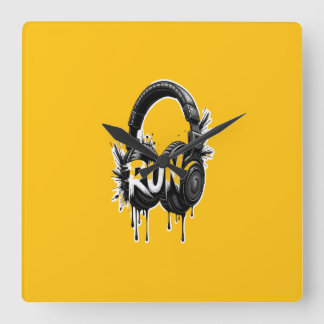 RUN Headphones Street Art Sticker Square Wall Clock