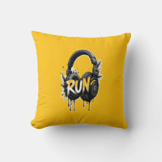 RUN Headphones Street Art Sticker Throw Pillow