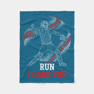Run I Dare You Funny Baseball Catcher Graphic Play Fleece Blanket