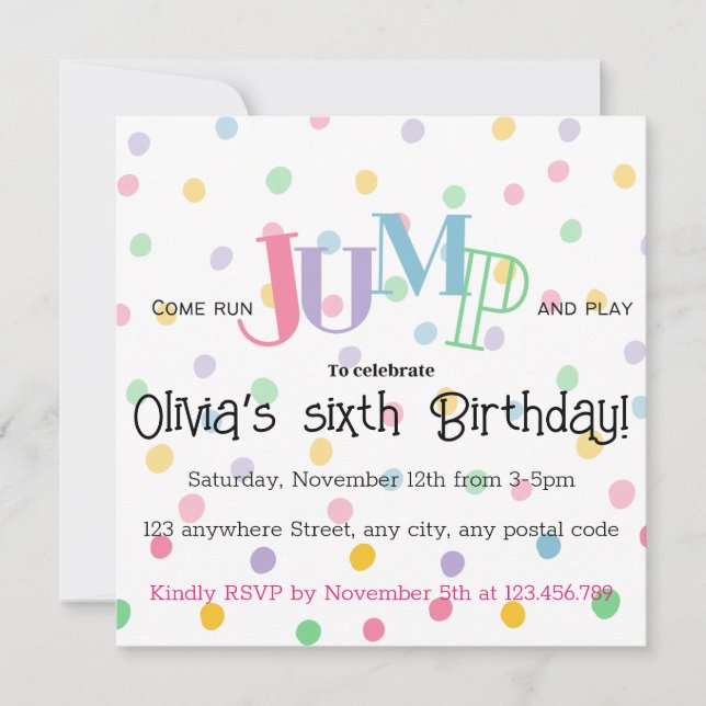 Run, jump ,play colorful dots invitation (Front)