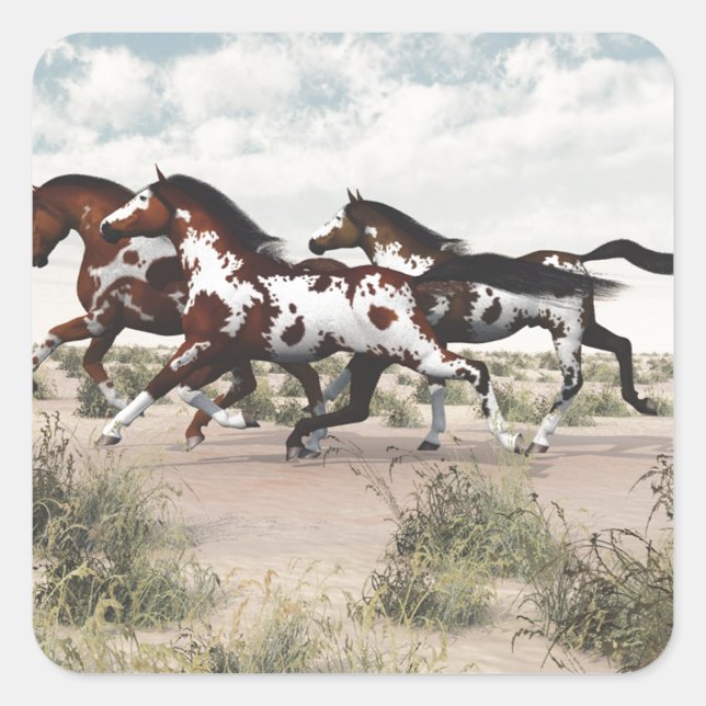 Run Like the Wind - Galloping Paint Horses Square Sticker (Front)