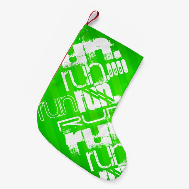 Run; Neon Green Stripes Small Christmas Stocking (Front (Hanging))