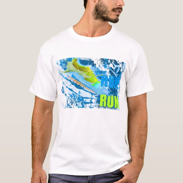 RUN RUN Blue & Green Paint Splash Running Shoe T-Shirt (Front)