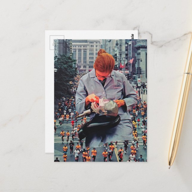 Run The Denist is Coming Surreal Retro Collage Postcard (Front/Back In Situ)