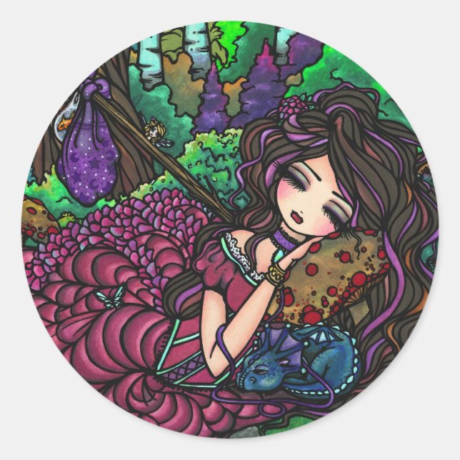 "Runaway Princess" Fairy Dragon Fantasy Forest Art Classic Round Sticker (Front)