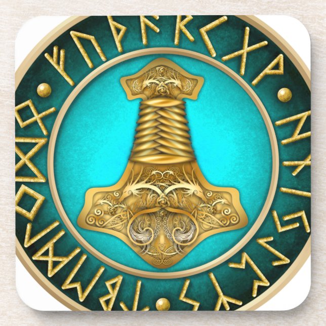Runes - Thors Hammer - Teal Beverage Coaster (Front)
