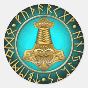 Runes - Thors Hammer - Teal Classic Round Sticker
