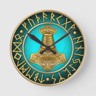 Runes - Thors Hammer - Teal Round Clock