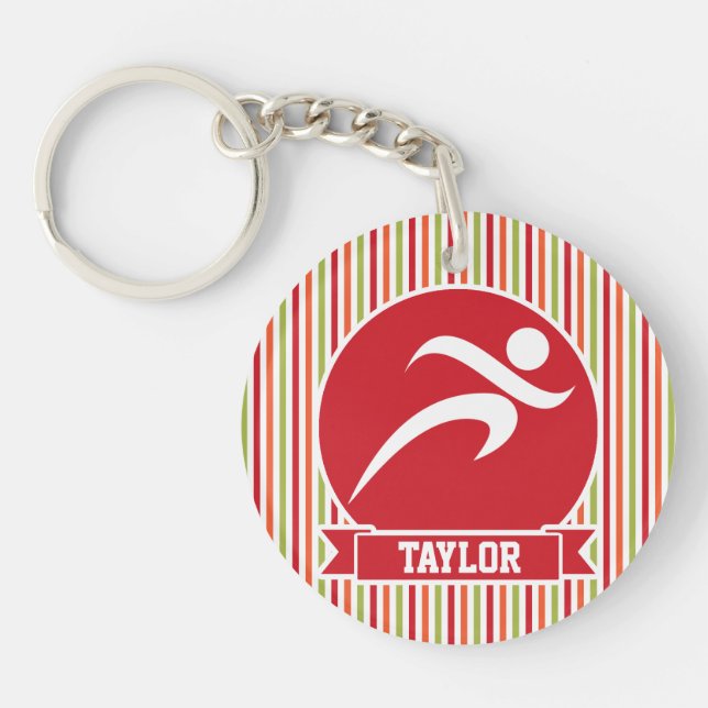Runner, Running; Red, Green, Orange Stripes Keychain (Front)