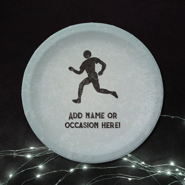 Runner sportsman & your text on masuline gray  paper plates (Creator Uploaded)