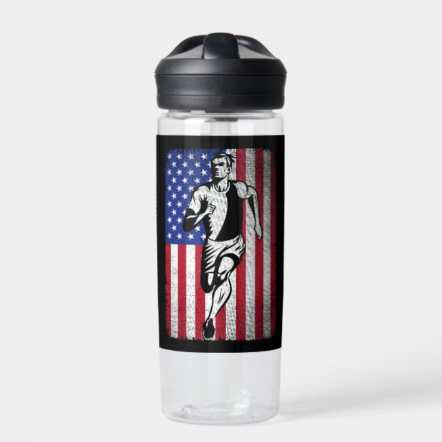 Running American Flag Marathon Runner and Joggers  Water Bottle (Front)