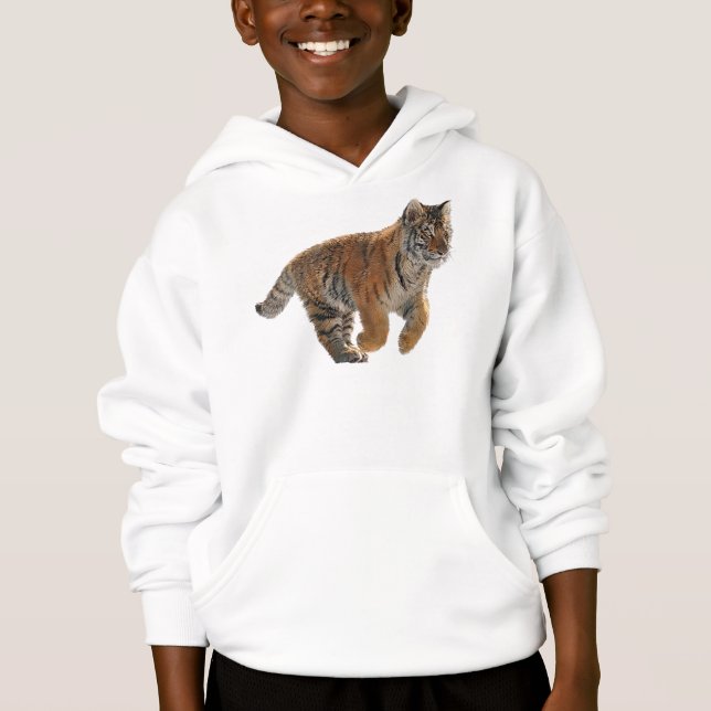 Running Amur Tiger Cub Wildlife Art Hoodie (Front)