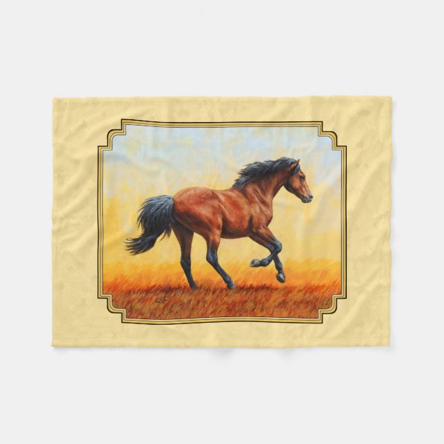 Running Bay Horse Yellow Fleece Blanket (Front (Horizontal))