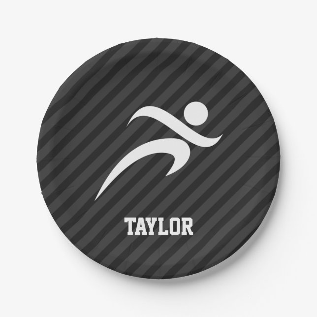 Running; Black & Dark Gray Stripes Paper Plates (Front)