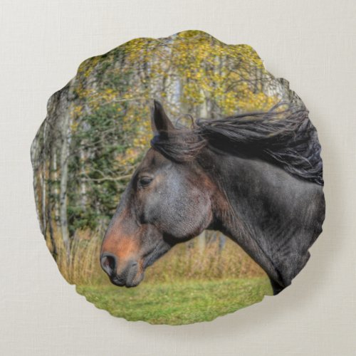 Running Black Percheron HDR Horse Equine Photo Round Pillow