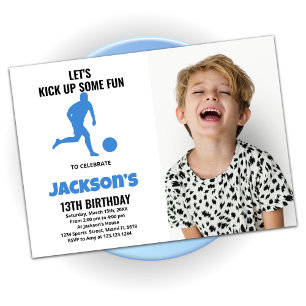 Running Blue Soccer Birthday Invitations w photo