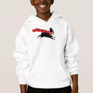 Running Boston Terrier Wearing Red Winter Scarf Hoodie