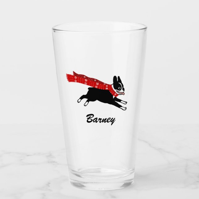 Running Boston Terrier Wearing Scarf Personalized Glass (Front)